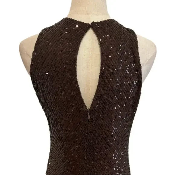 Y2K BROWN SEQUIN MAXI DRESS W KEYHOLE BACK GLAMOROUS GOWN MINIMALIST STYLE M - Picture 9 of 12